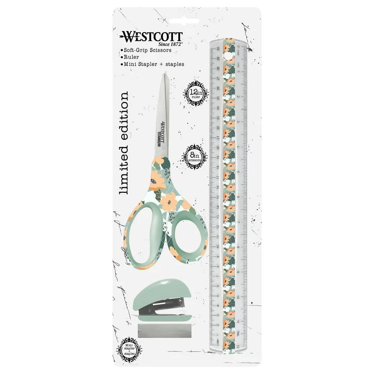 New Westcott Fashion Desk Set Sidekick, Scissors, Ruler And Mini Stapler